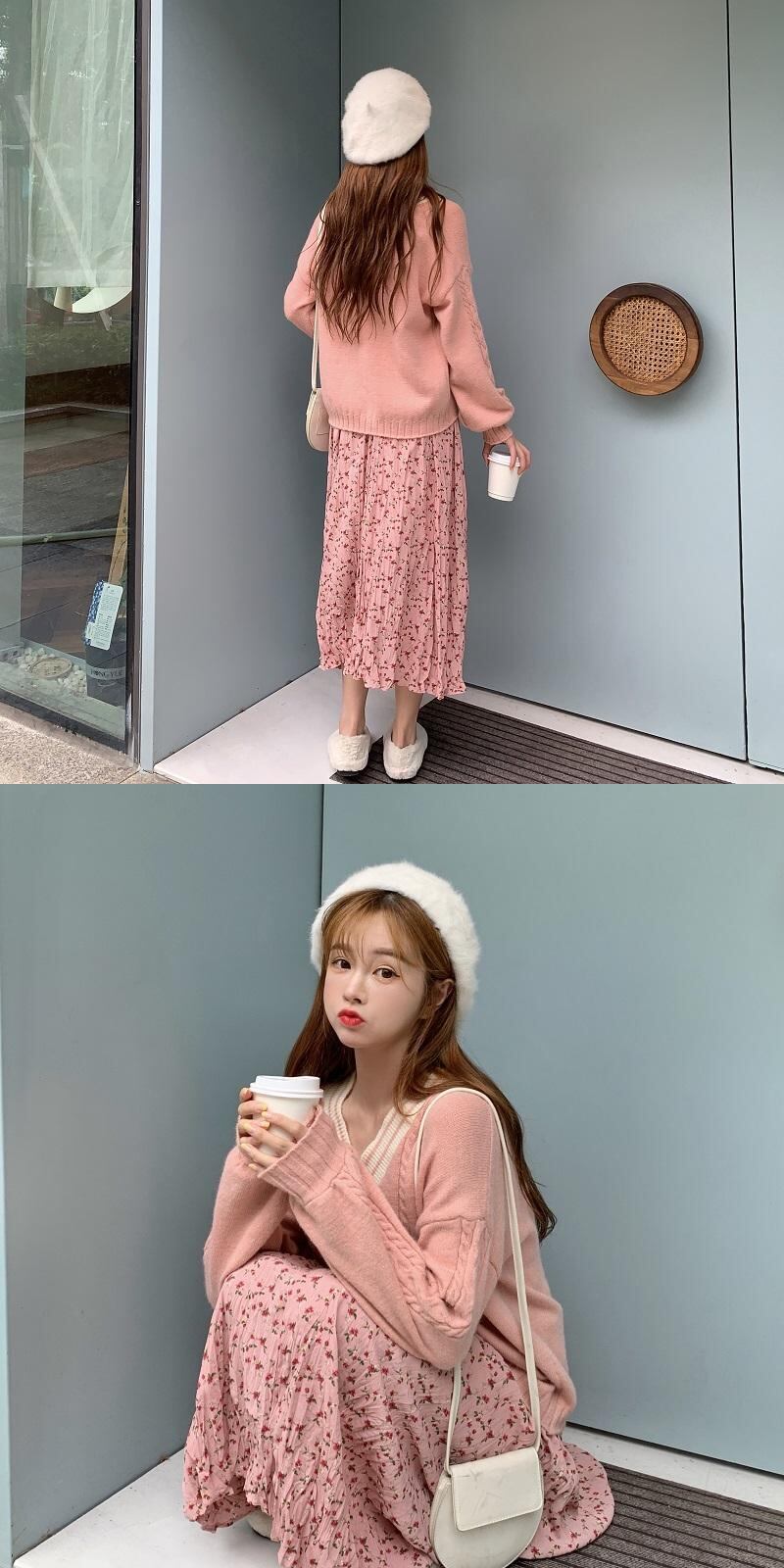 可愛いshop　6点 ルーズVネックプルオーバー スリーブ 袖ニット セーター花柄 お花