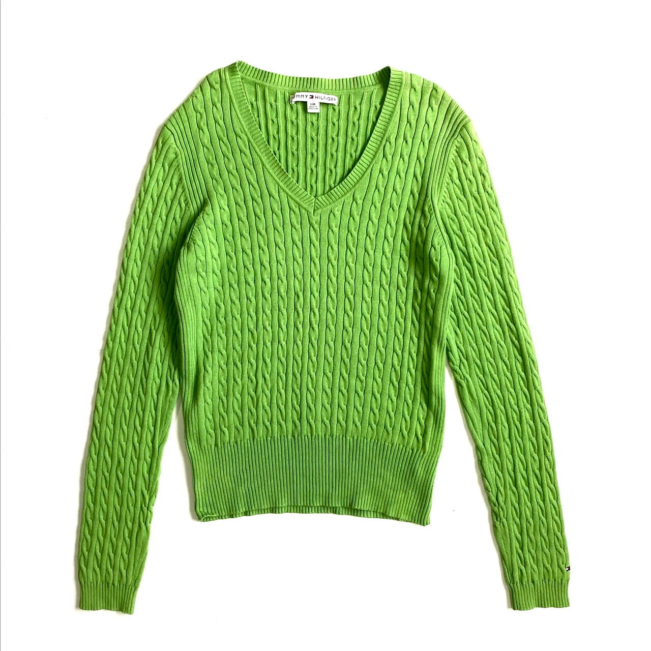 TOMMY HILFIGER トミーヒルフィガー Vネック コットンニットセーター レディースL 古着 ケーブルニット ライトグリーン 黄緑色【ニットセーター】【AL2110】 | cave 古着屋【公式】古着通販サイト powered by BASE