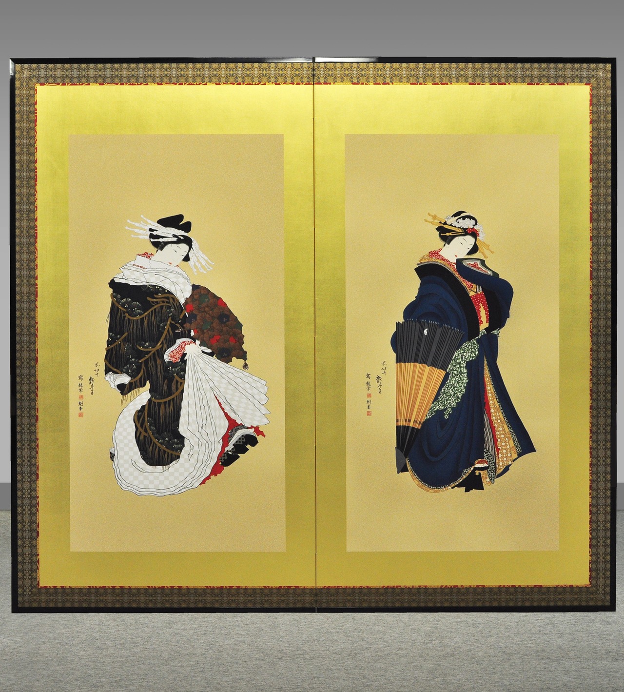 友禅浮世絵屏風 『北斎六美人競べ』（二曲一隻）