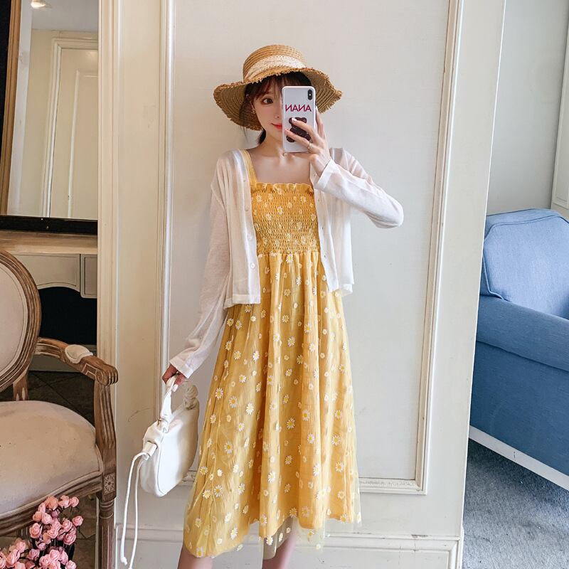 【新作】【送料無料】 マタニティウェア2020夏の新しいメッシュ小さなクレープ菊ミドル丈サスペンダースカート+日焼け止めシャツツーピース妊婦-アリババ サマー 夏物 expec272767119124