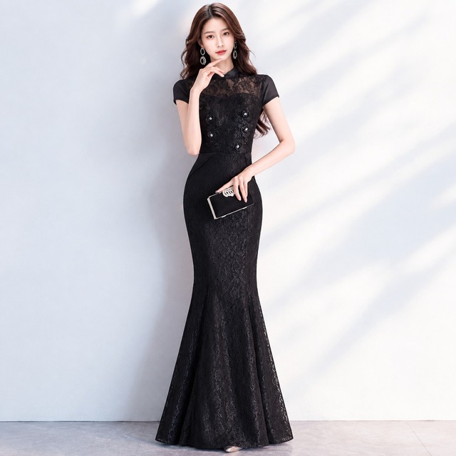 Lace High Neck Mermaid Long Dress V3604