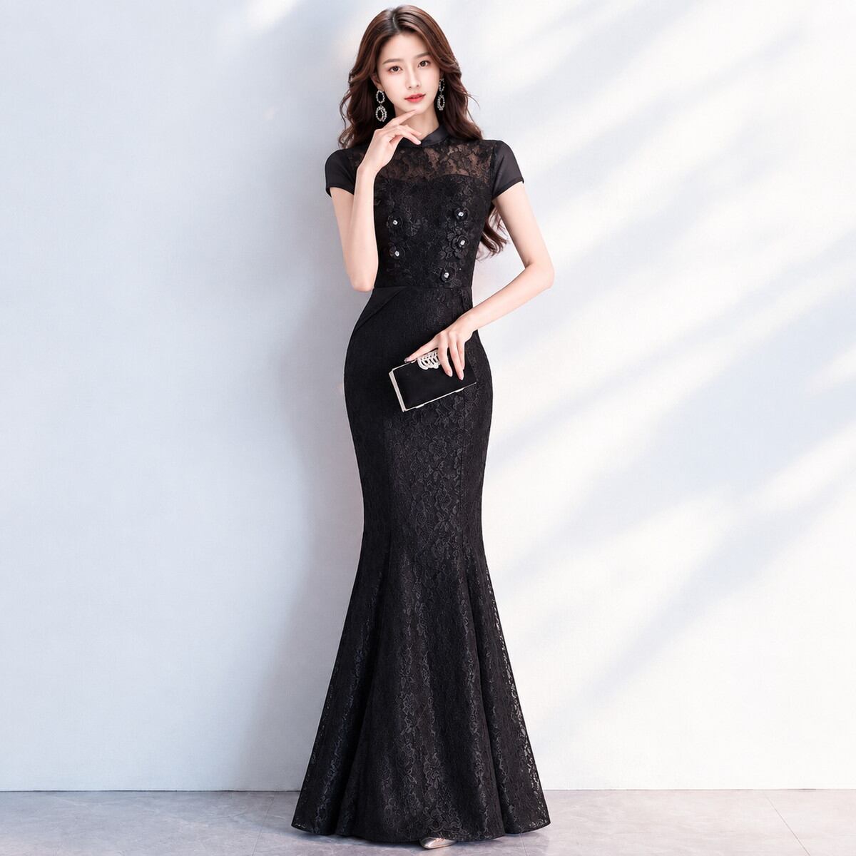 Lace High Neck Mermaid Long Dress V3604