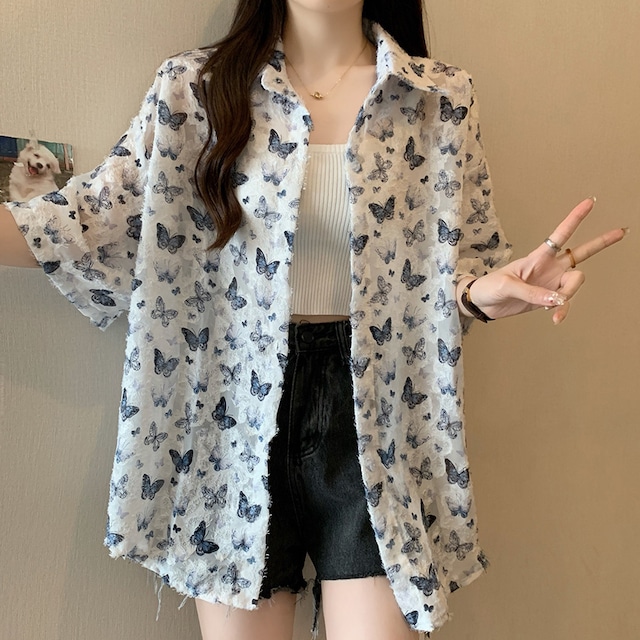 サブカル蝶柄シアーシャツ白系ゆるシルエット夏ゴスロリ羽織り