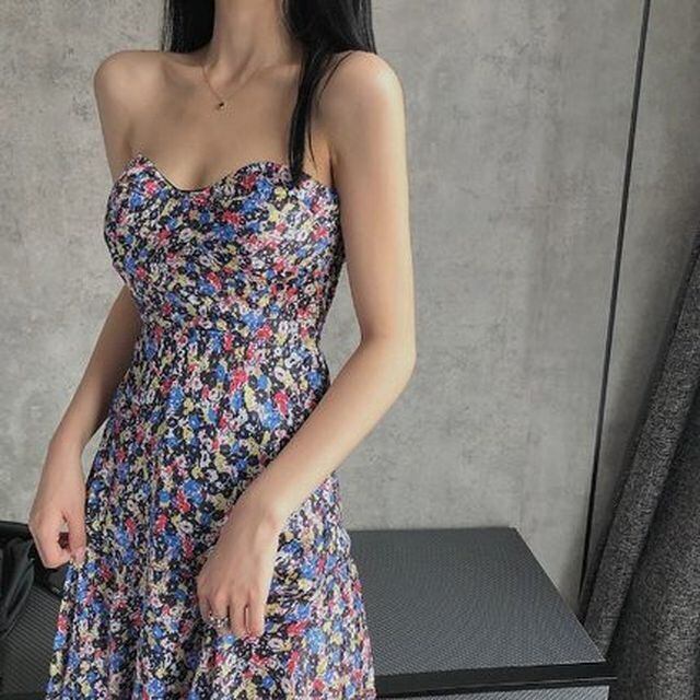花柄ベアトップワンピース ワンピース ストラップレス 花柄 マキシロング丈 Aライン フェミニン ガーリー 大人ガーリー 大人カジュアル カジュアル 夏 春 Op 04 Y Hapi Hapi Girl ハピ ガル