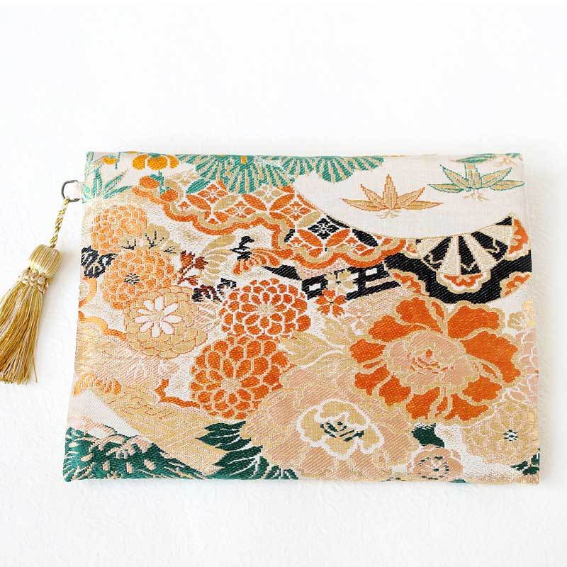 帯リメイク 和風タブレットケース クラッチバック 鶴・松竹梅紋様