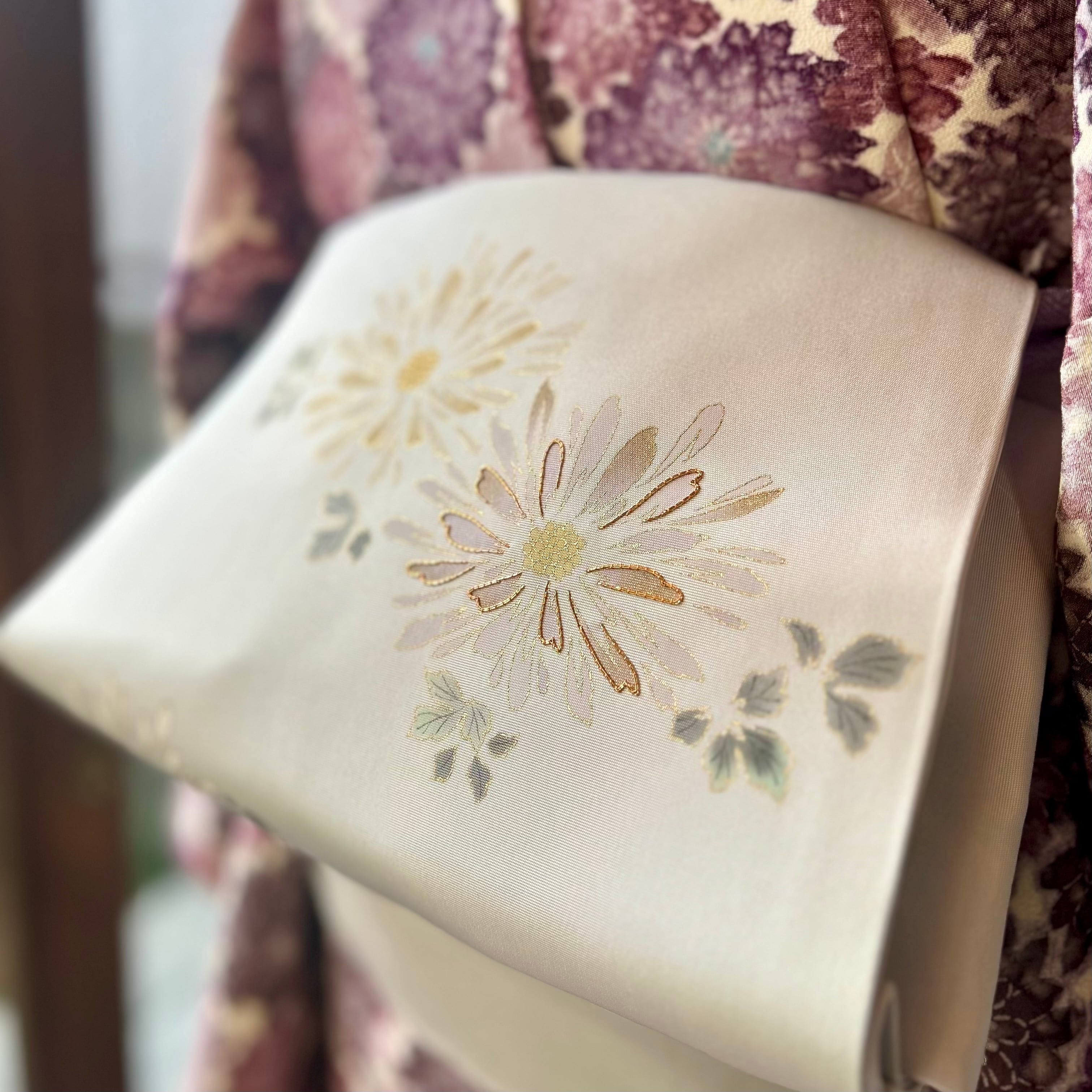 Moonlit Ivory＊染め帯 花 グレーホワイト 塩瀬帯 名古屋帯 B545