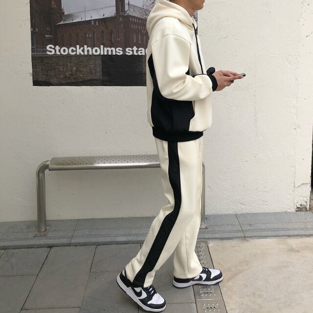 【予約販売】メンズ セットアップ スエット フリース 上下 ブラック ベージュ グレー ジップアップ ライン センタータック 長袖 ストリート こなれ感 スポーツウエア カジュアル 秋冬 大きいサイズ M/L/XL/2XL