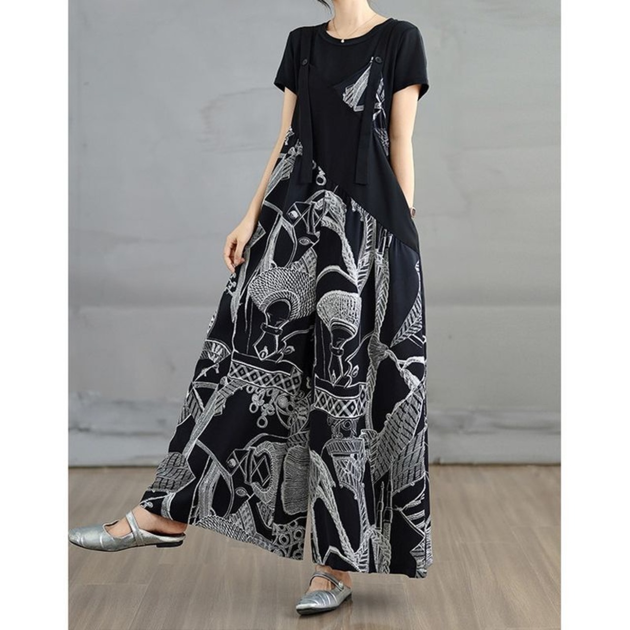 アート柄 アシメ サロペット ワンピース  00383