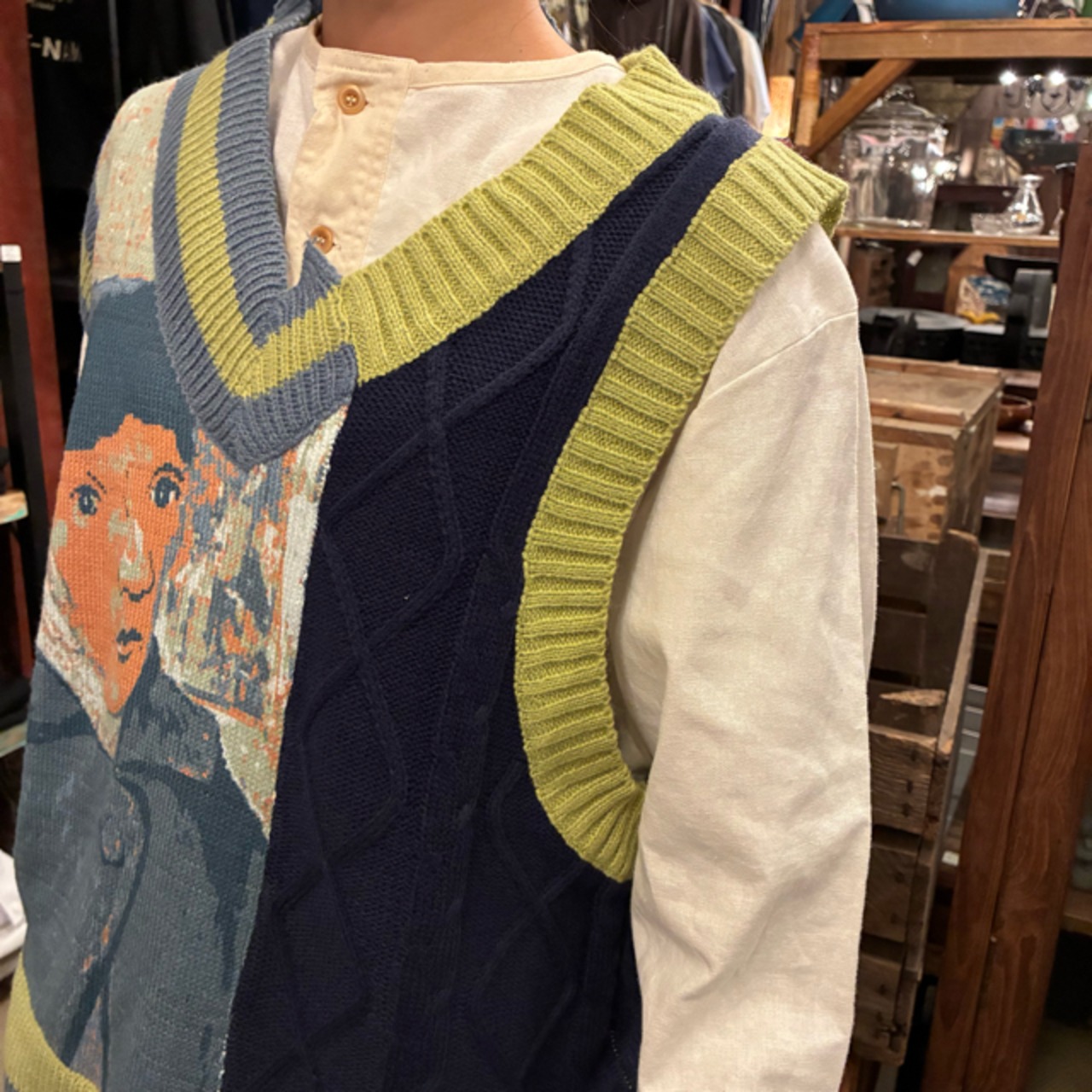 TOPANGA Lady's  Portrait  irregular knit vest　ポートレートイレギュラーニットベスト　グリーン　ゴッホ　羽織　アウター