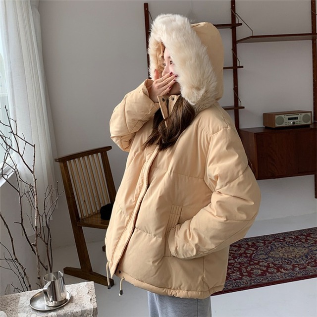 ファーカラーフードジャケット レディースルーズウィンターギャザーウェスト コットン 冬物 クレセントシティ29938551004