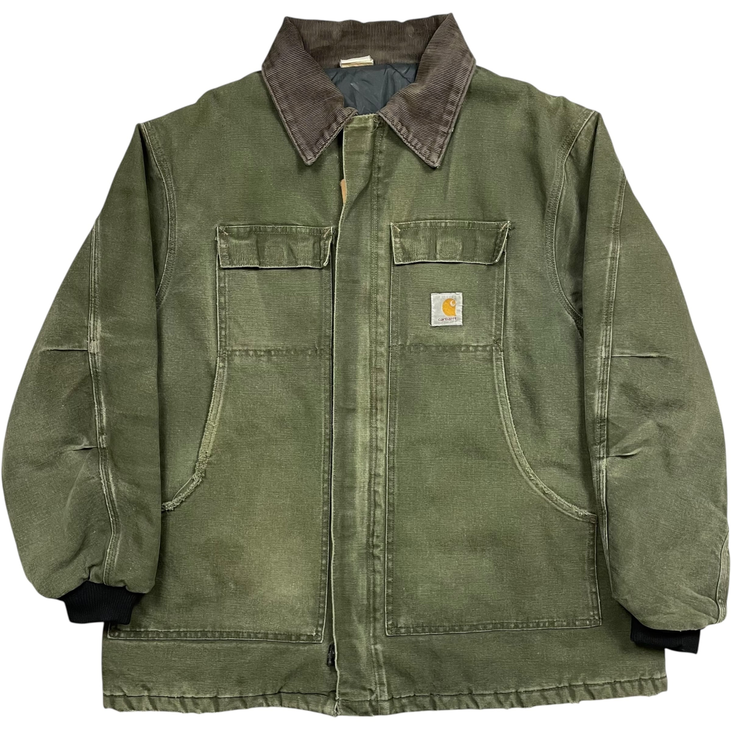 《L》Carhartt カーハート トラディショナルコート ダックジャケット モスグリーン ワンポイントロゴ フェード ハチノス 襟コーデュロイ no.9746