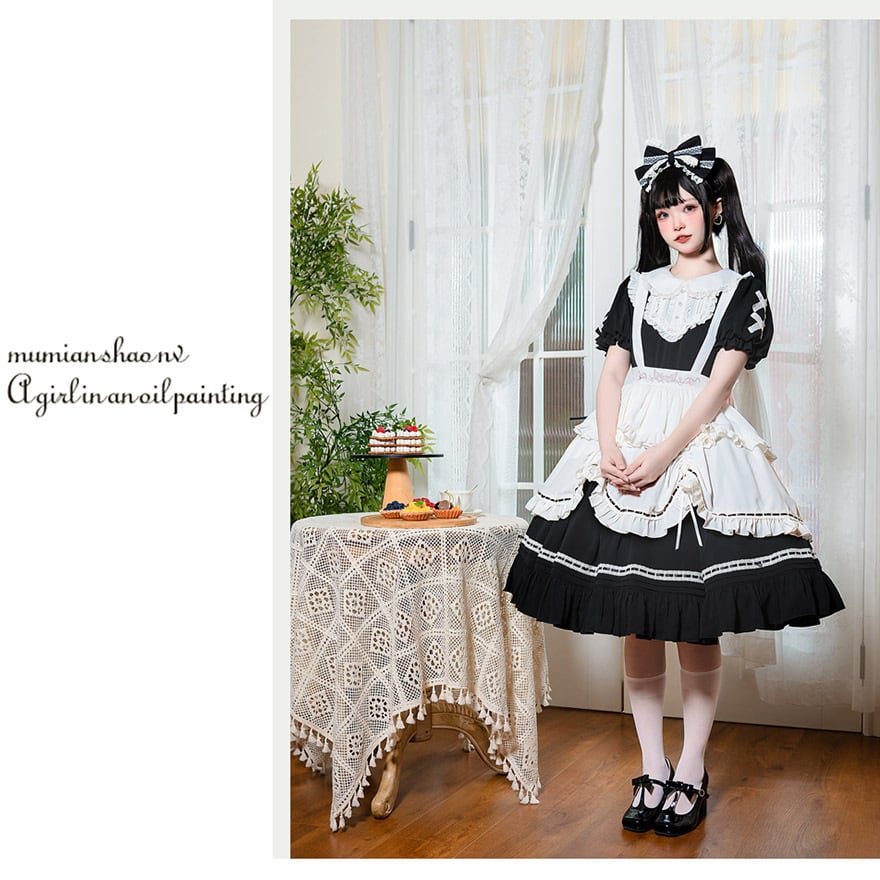 7号サイズ★ふんわりカラードレス ロリータ ドレス 黒白ドット(4点セット) 即納ホワイト L】コンカフェ衣装 ロリータ モノトーン ティータイム