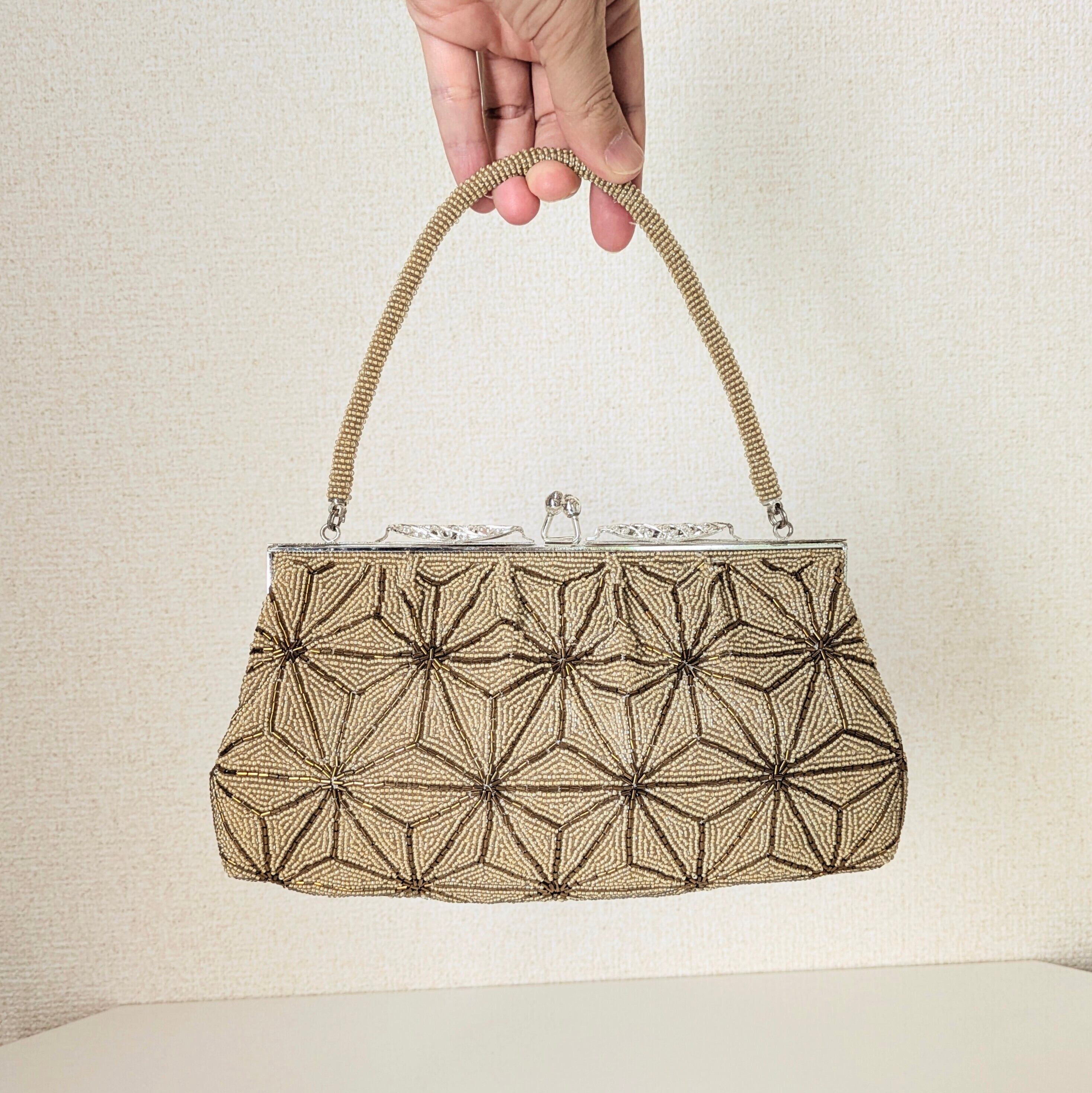 Vintage】ビーズ刺繍バッグ ベージュ 麻の葉文様 パーティーバッグ