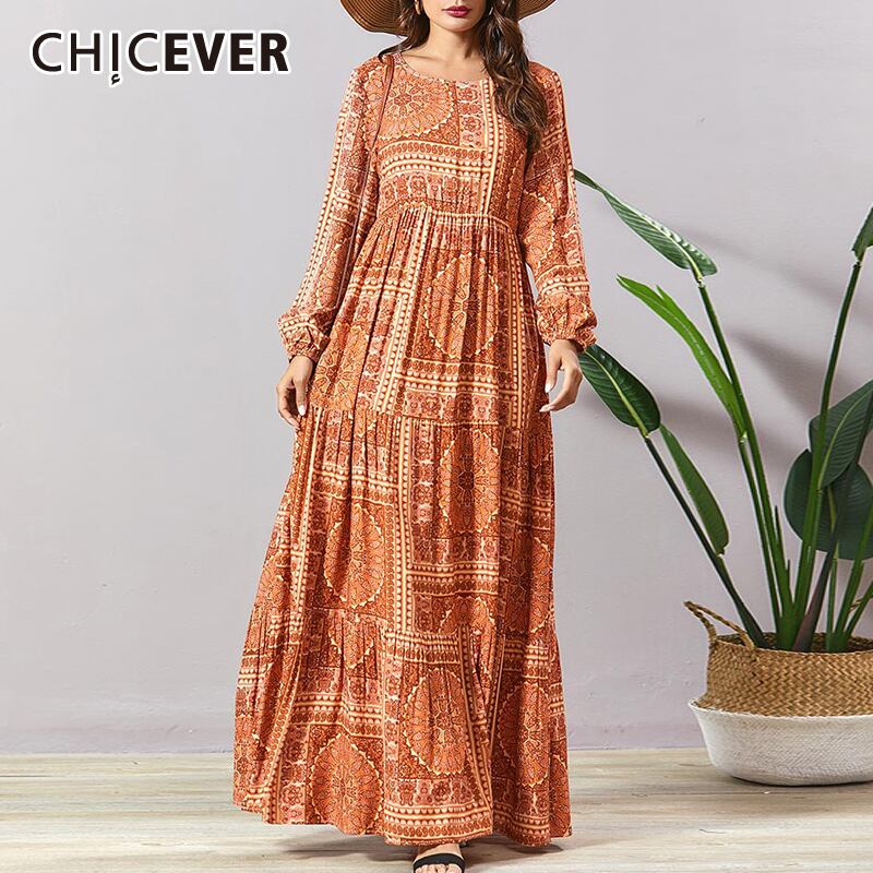 CHICEVERボヘミアンプリントヒットカラードレスレディースOネックランタンスリーブプラスサイズプリーツマキシドレス2020服 大きめサイズ 6base561264943058