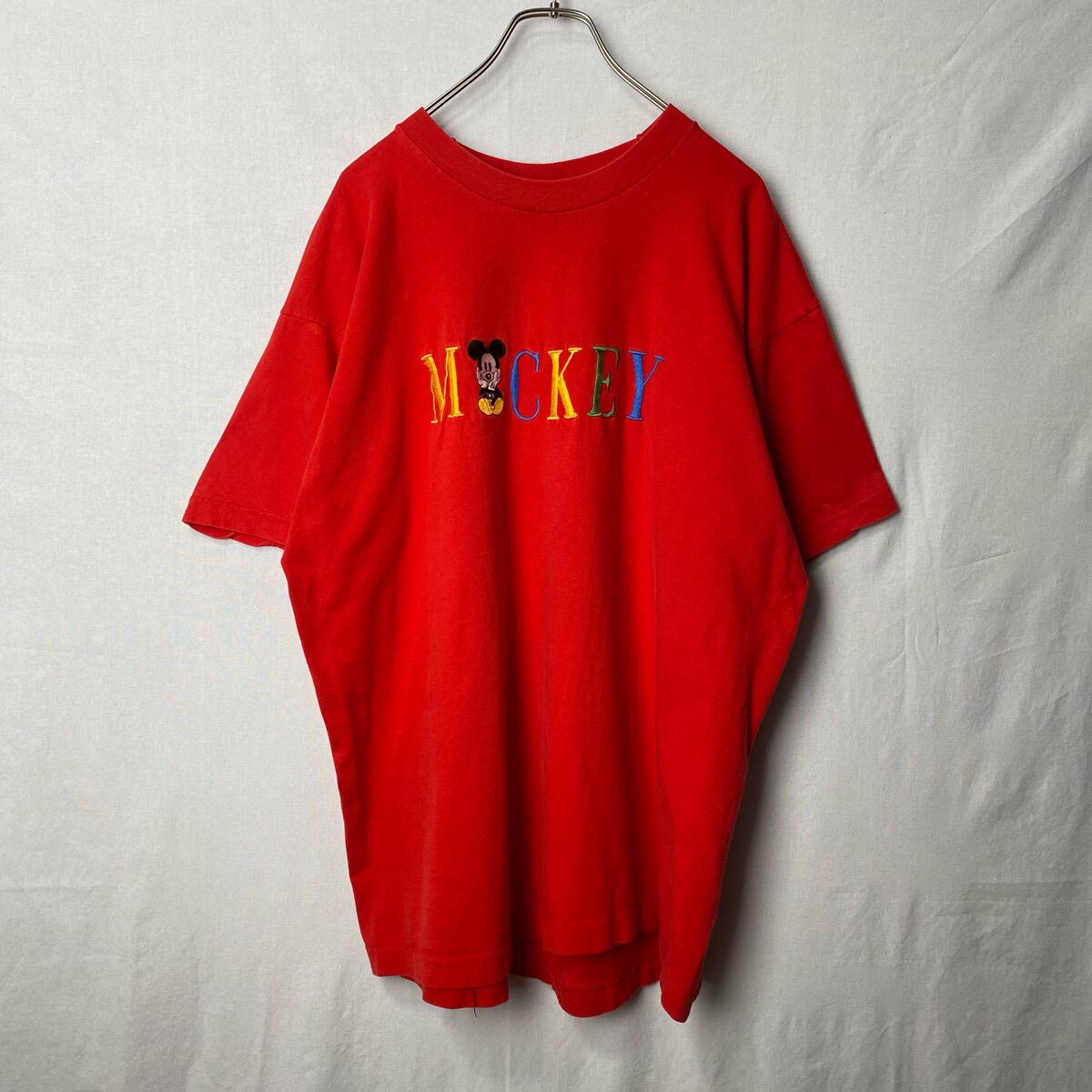 90s ミッキーマウス 刺繍 Tシャツ 古着 ディズニー 赤 レッド 