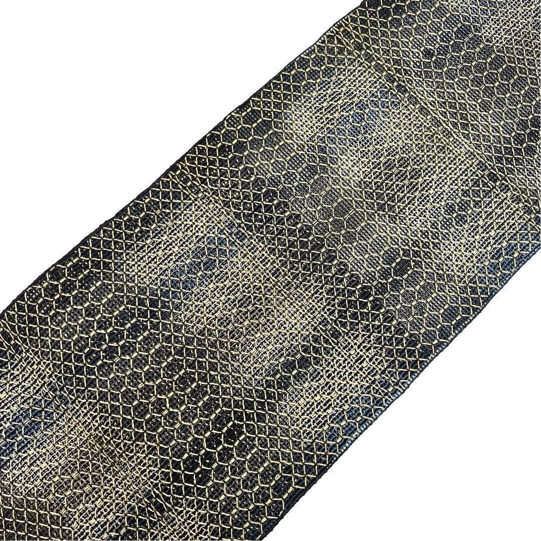 夏帯 名古屋帯 羅 美しい織模様 グラデーション 金糸 藍色 O-3641  