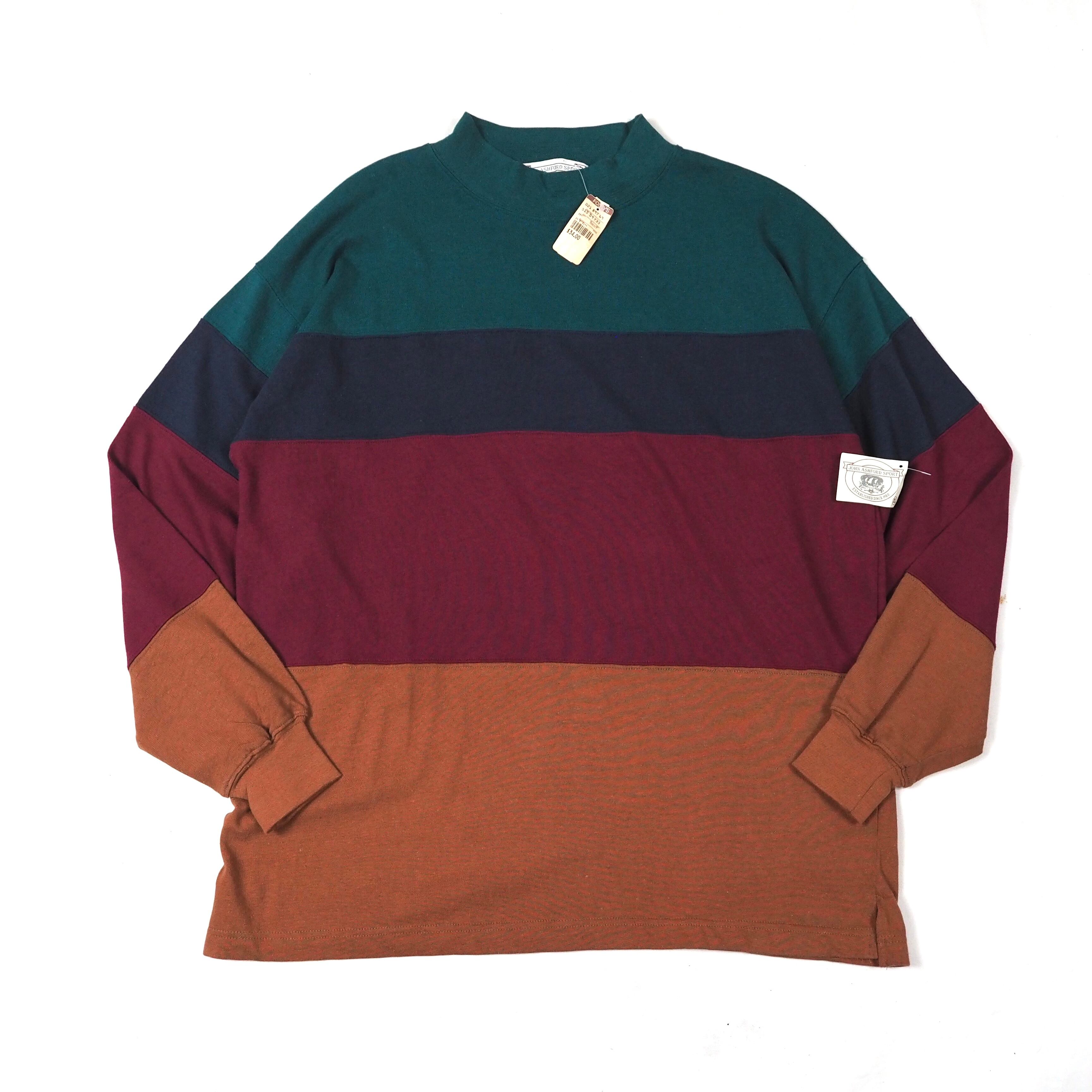 【NOS】JOHN ASHFORD SPORT moc neck cotton border l/s t-shirt XL