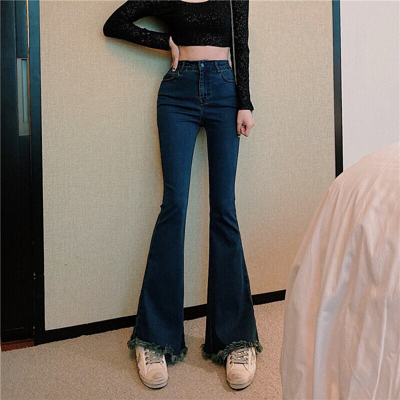 ストレッチタイトハイウエストスリムフレアジーンズレディース2020秋新作ワイドレッグパンツワイルドレトロパンツ ブラックストロベリース99567818555