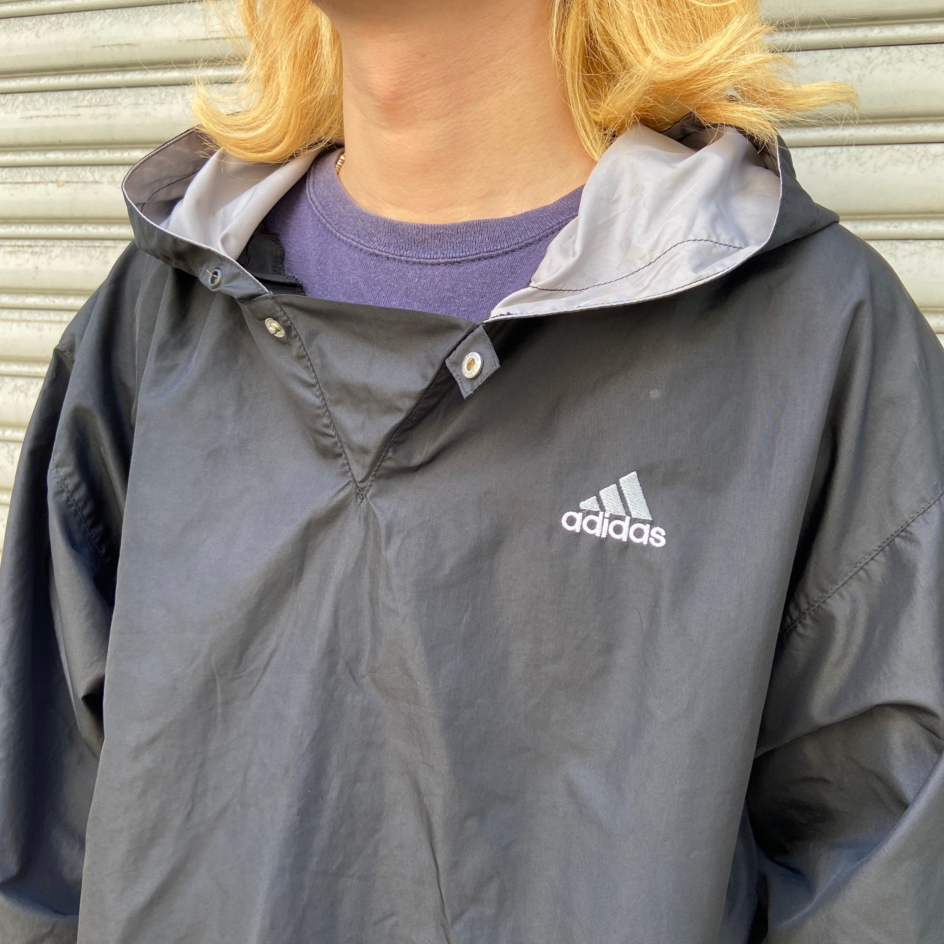 90s adidas ナイロンアノラックパーカー パフォーマンスロゴ 黒 M