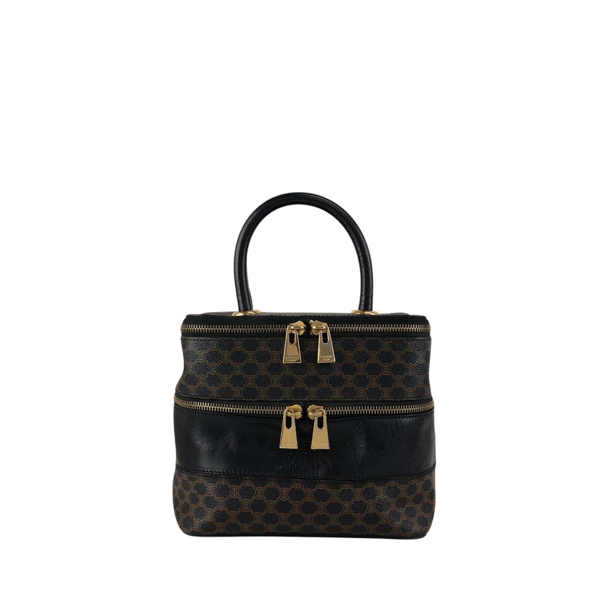 CELINE セリーヌ マカダム ハンドバッグ ブラック PVC レザー バニティ