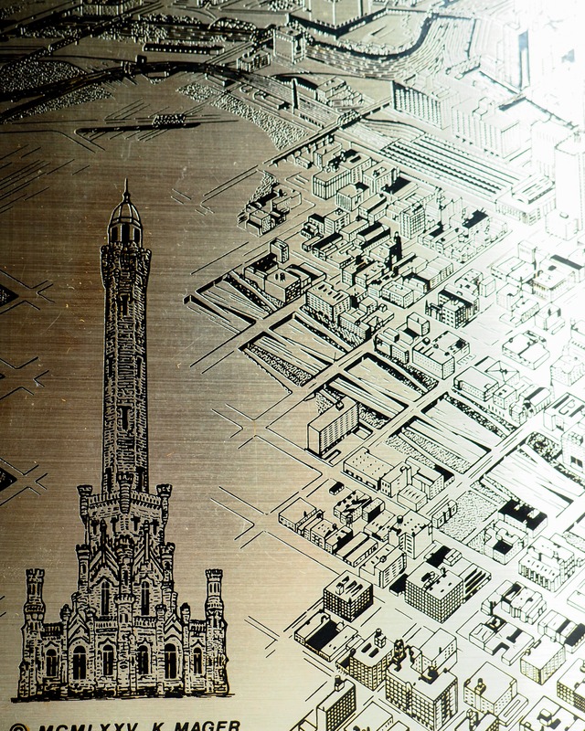 70-80s Chicago bird's-eye view metal plate and wood wall sculpture
