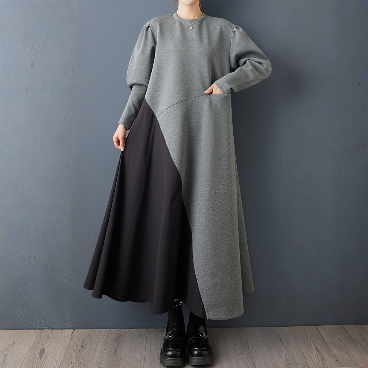 アシメ 配色 モードワンピース 60061