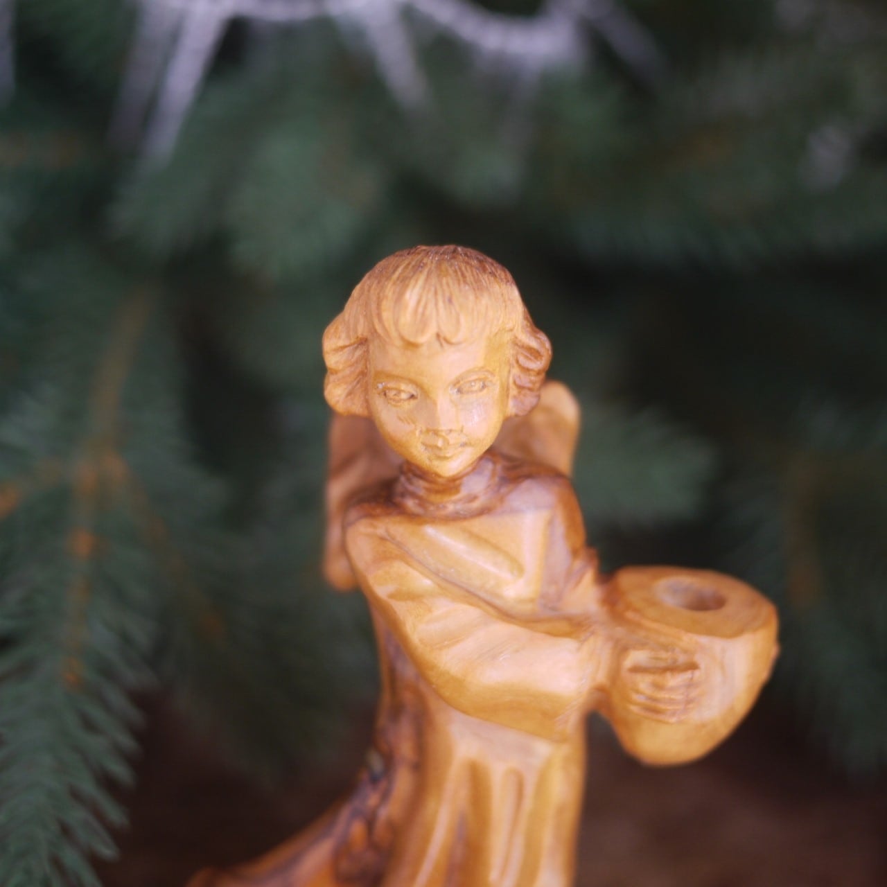 オリーブ木彫天使 エンジェルキャンドルホルダー 70's