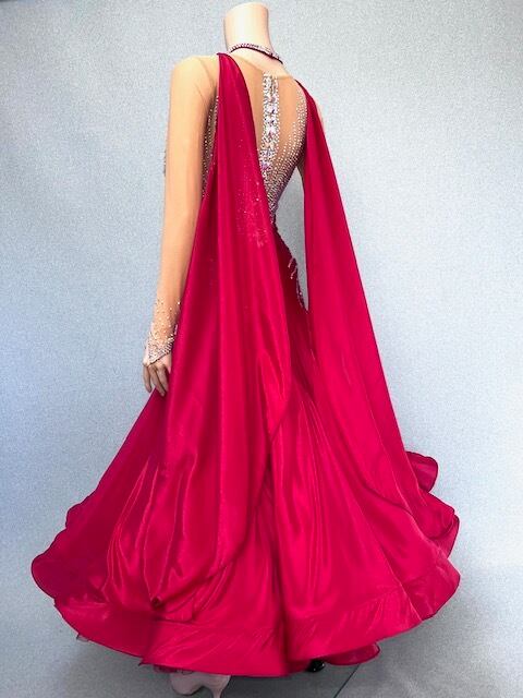 社交ダンス ドレス　スタンダード　モダンドレス　カージナルレッド　M　デモ・競技用ドレス　発表会衣装　パーティドレス　ワンピース　舞台衣装