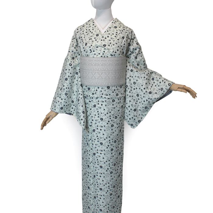 小紋 洗える着物 袷 秋 冬 きもの グレー 薄灰 小花 モノトーン 北欧風 デザイン 身丈163㎝ 裄68㎝ ポリエステル 新品