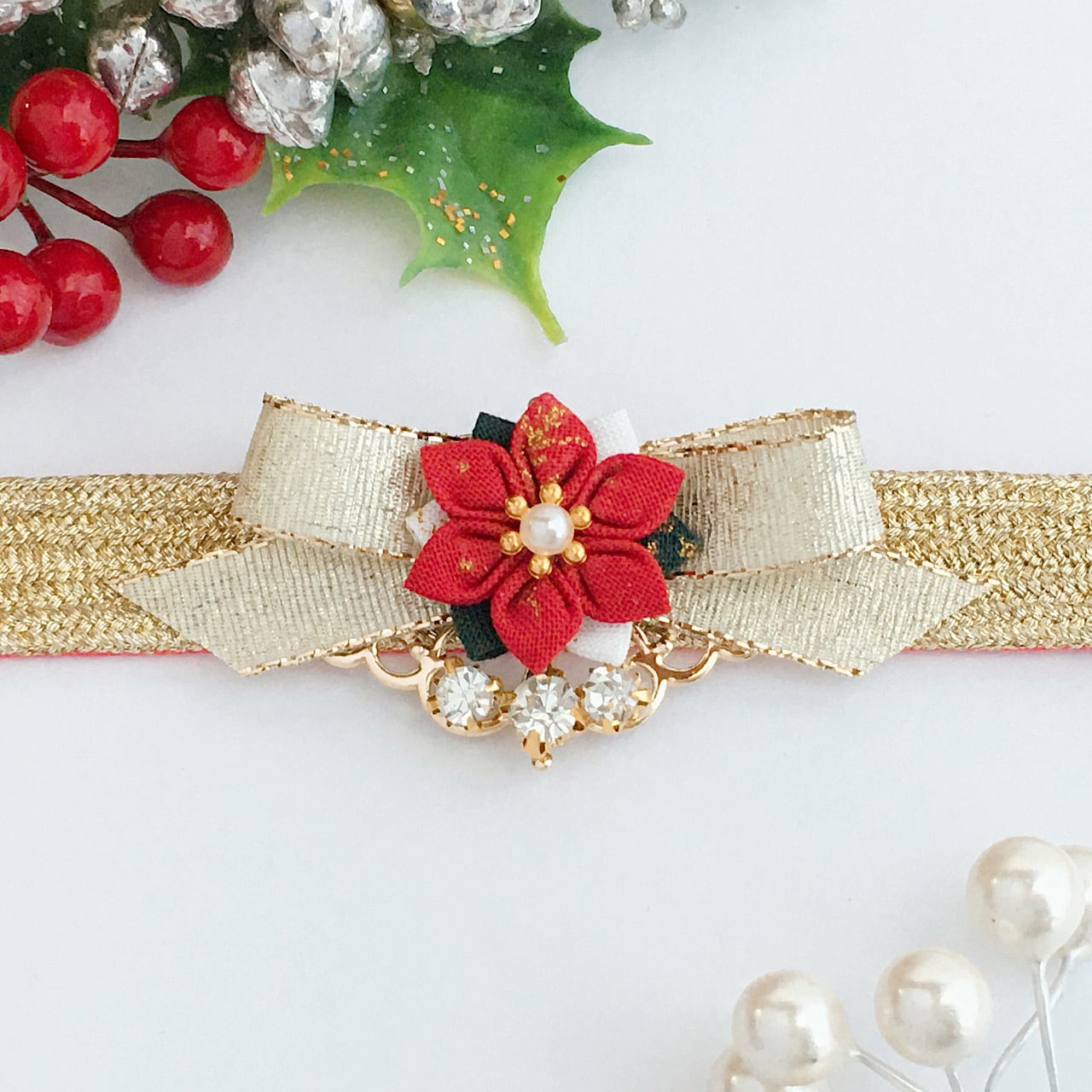 つまみ細工 ポインセチアの帯留め 】---フラワー/誕生日/記念日