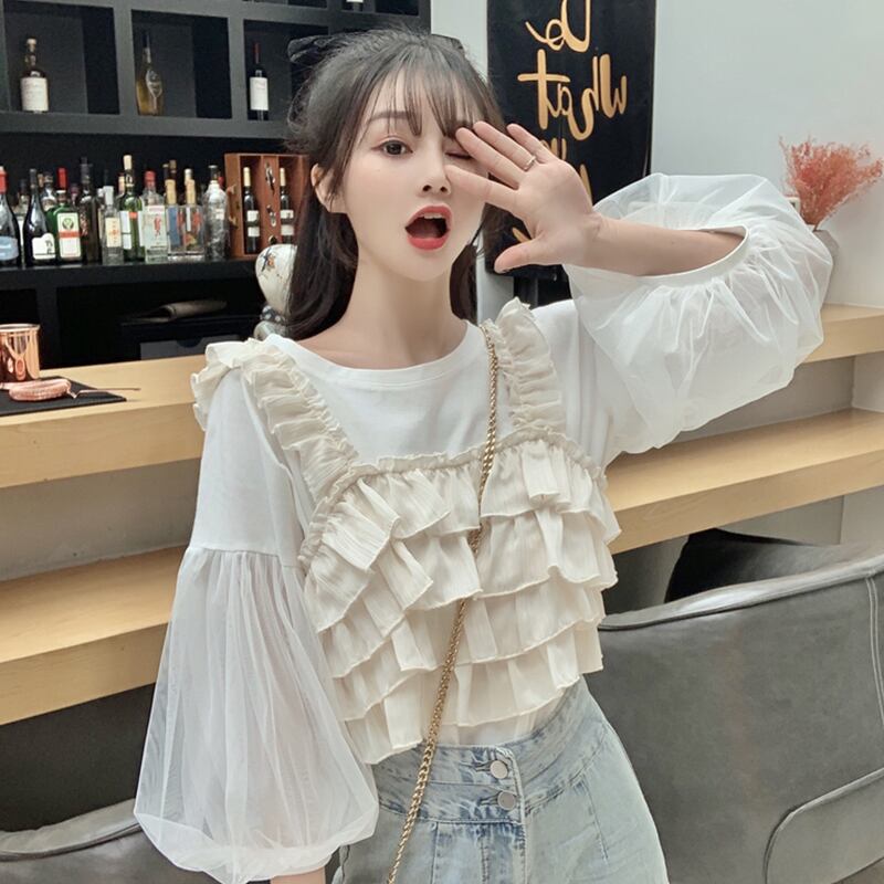 送料無料 アンサンブル 2点セット ツーピース カットソー Tシャツ トップス キャミソール ラウンドネック 袖コンシャス 七分袖 ランタンスリーブ フリル ビスチェ 透け感 シアー レトロ 可愛い ガーリー 韓国ファッション 夏 お出かけ デート 女子会 通学 学生 Eine Katze
