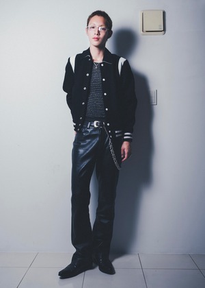 Vintage leather switching melton wool stadium jacket "BLACK"