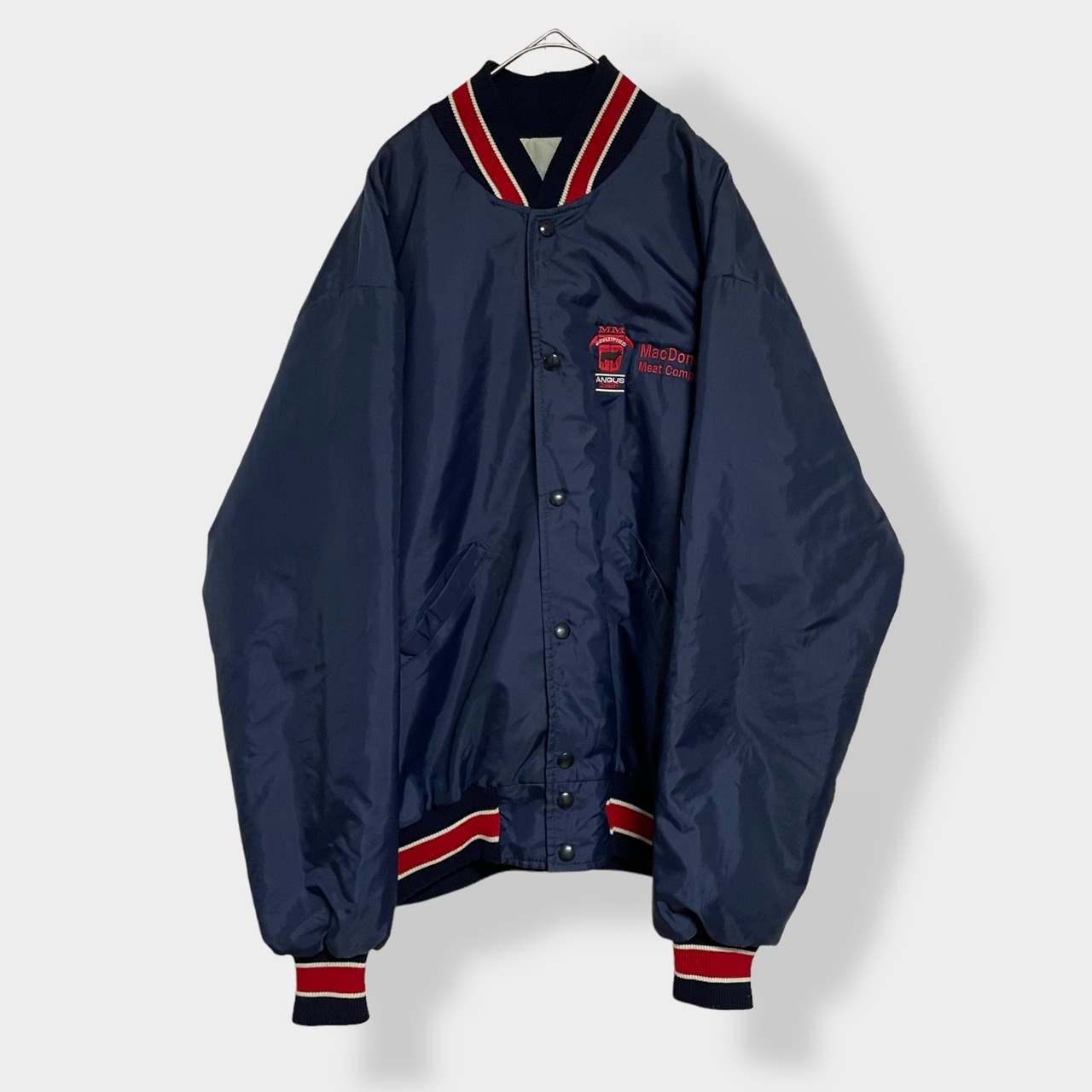 【DeLONG】90s USA製 企業系 企業ロゴ スタジャン マクドナルド MacDonald Meat Company アンガスビーフ ナイロン 刺繍ロゴ ワンポイント 裏地キルティング L ラインリブ US古着