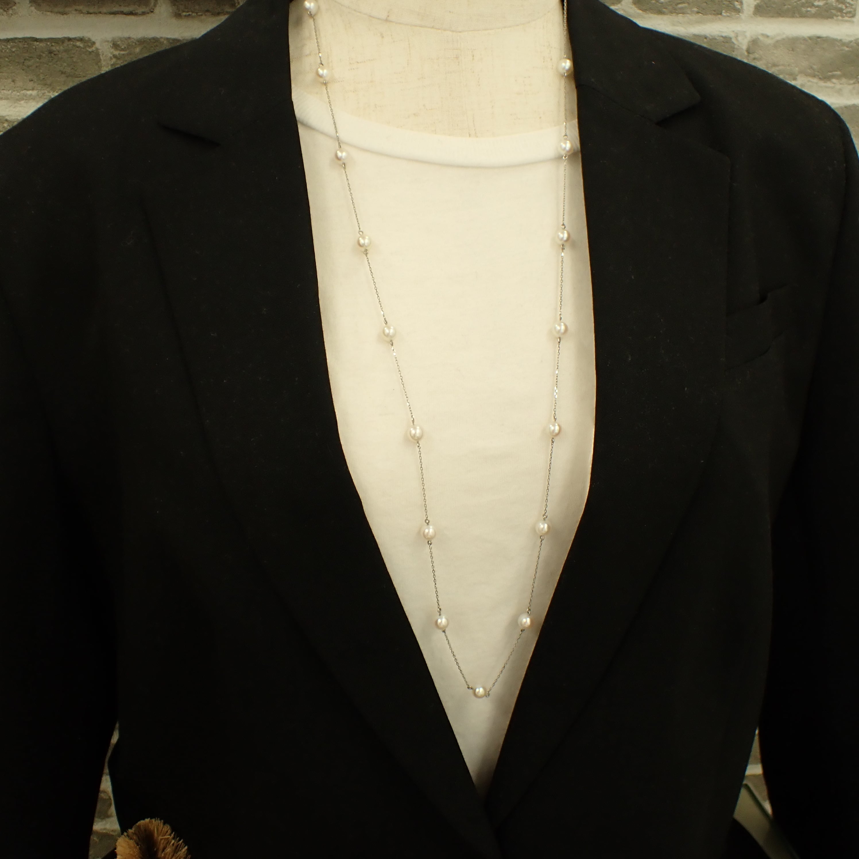 Pt850 パール ロングネックレス 80cm 二連 ステーションネックレス