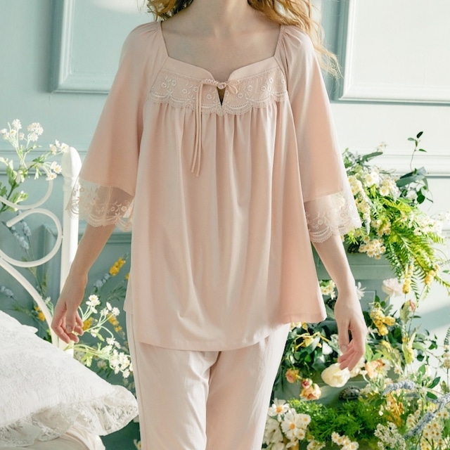 【4color/SML】flower lace 3/4sleeve pullover+pants pajamas p1195