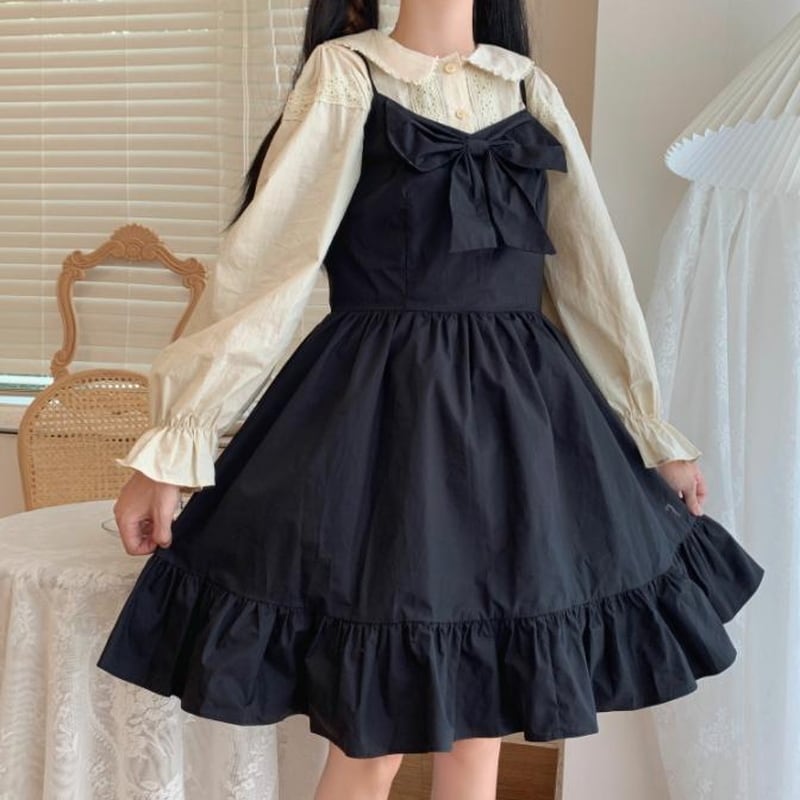 サブカル 服 地雷系 通販 ツーピース ブラウス ジャンパースカート ロリィタ リボン 袖コン 甘め かわいい レトロ