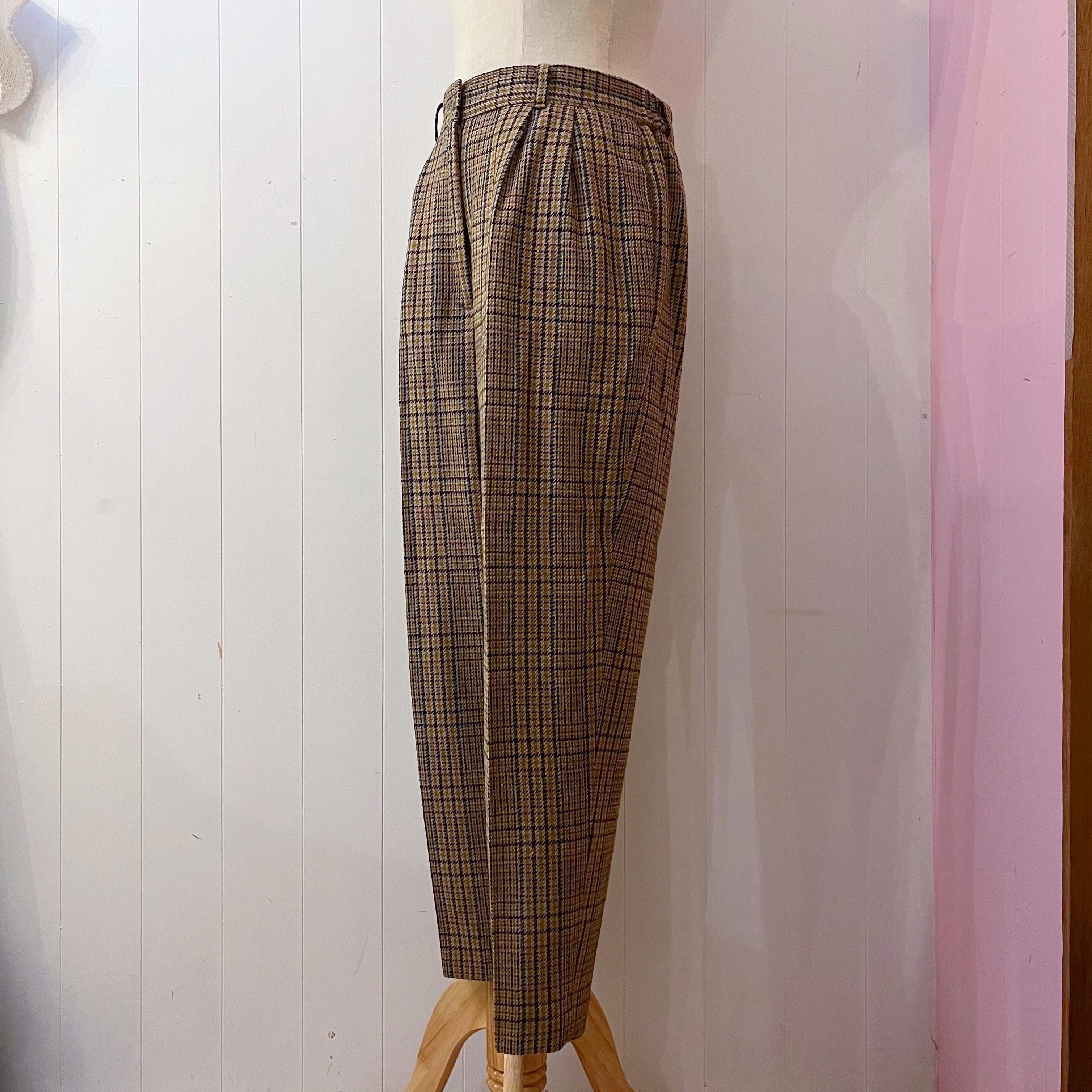 beige check wool tuck pants