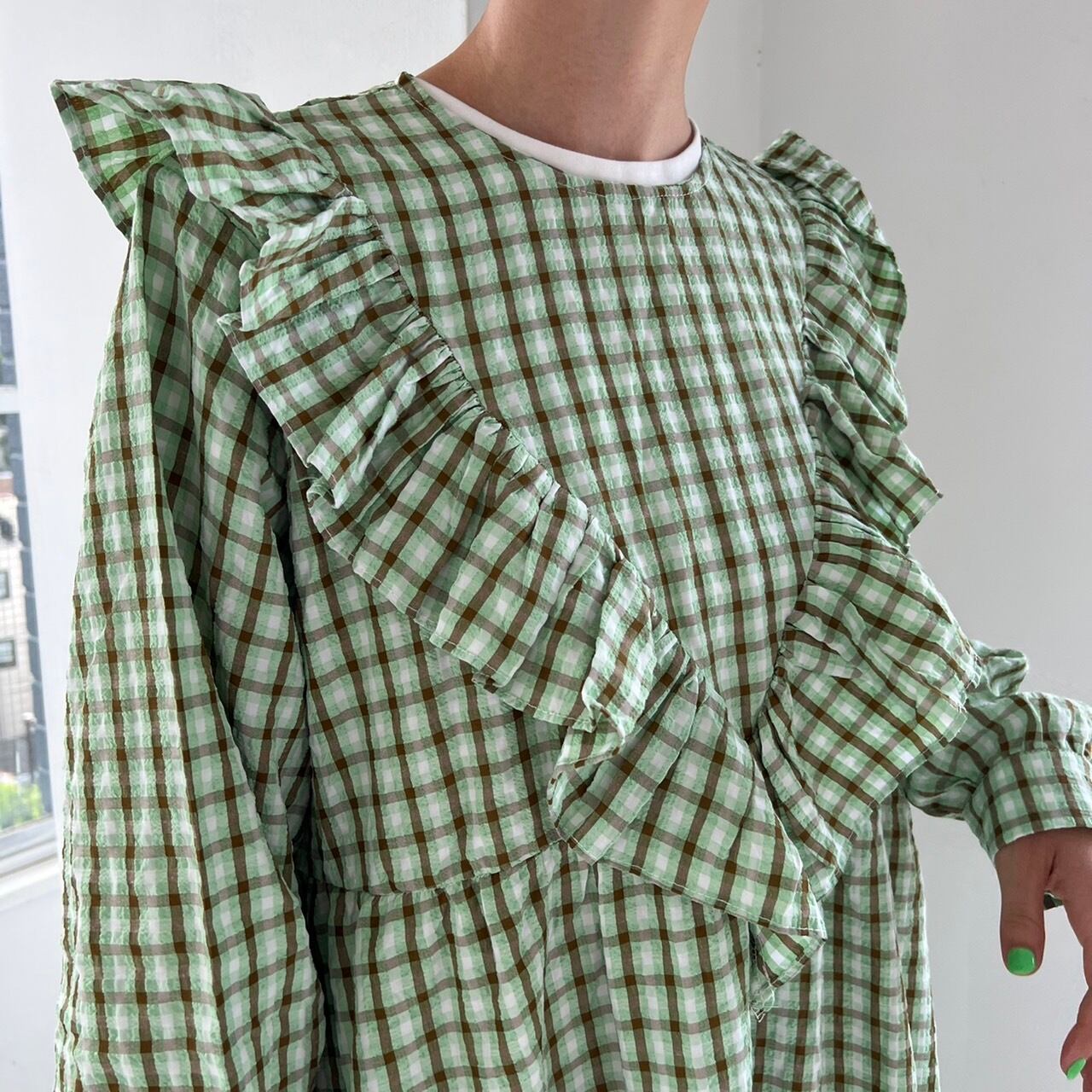 チェックボリュームフリルワンピース_LN01435