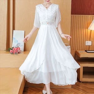 【送料無料】ロングドレス 半袖 体系カバー マキシ丈 エレガント 夏 30代 40代  ママ服 レディースファッション 可愛い お出かけ 女子会 デイリーユース お茶会 お呼ばれ 中国風 チャイナ風 Vネック 透け感 花柄刺繍