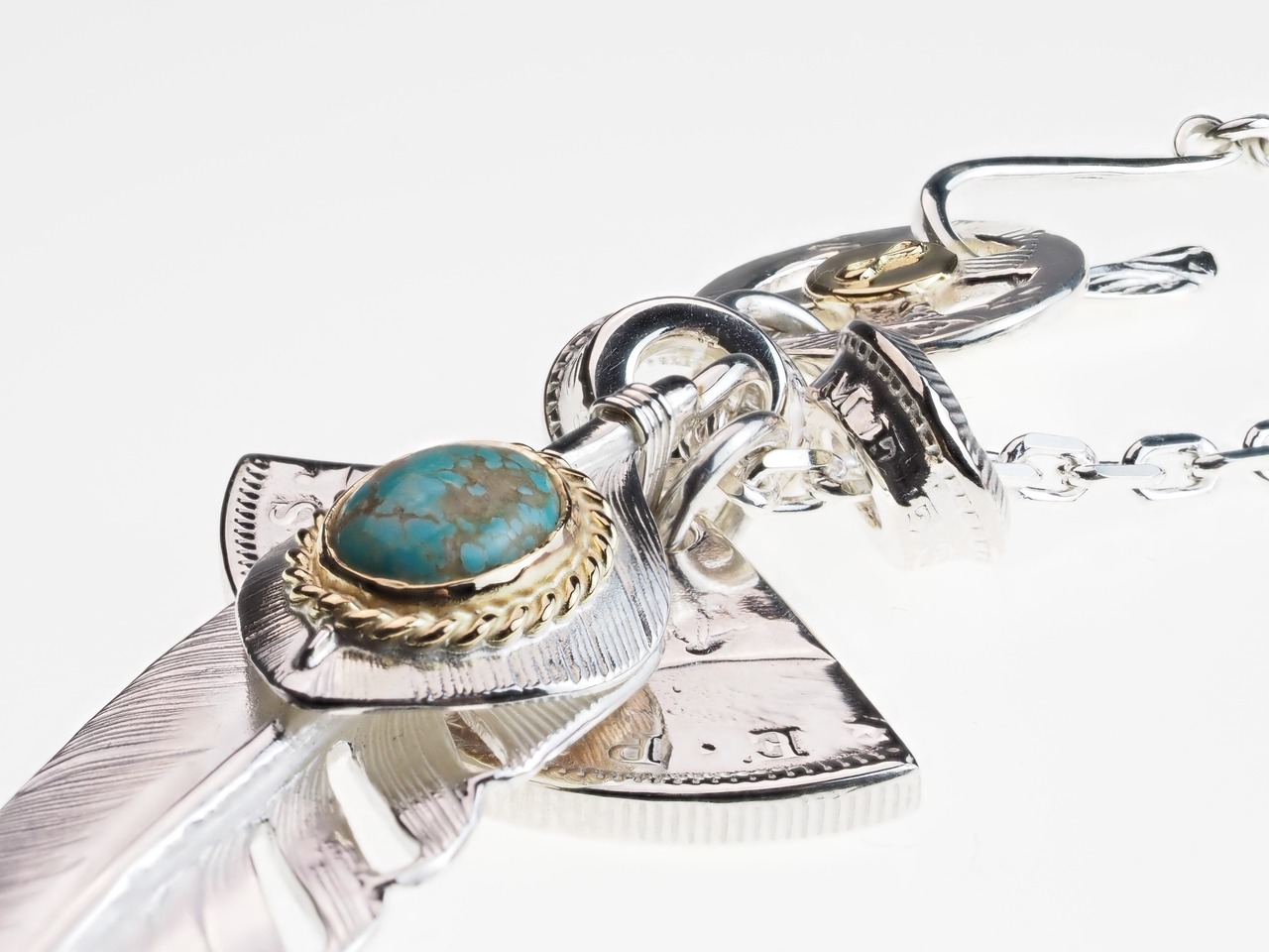 P-069 feather L （L）＋Heart feather＋K18 rope (turquoise)