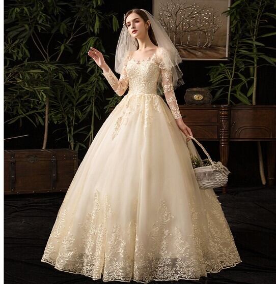 美品！ ウエディングドレス シャンパン色 3D立体レース刺繍 ロング