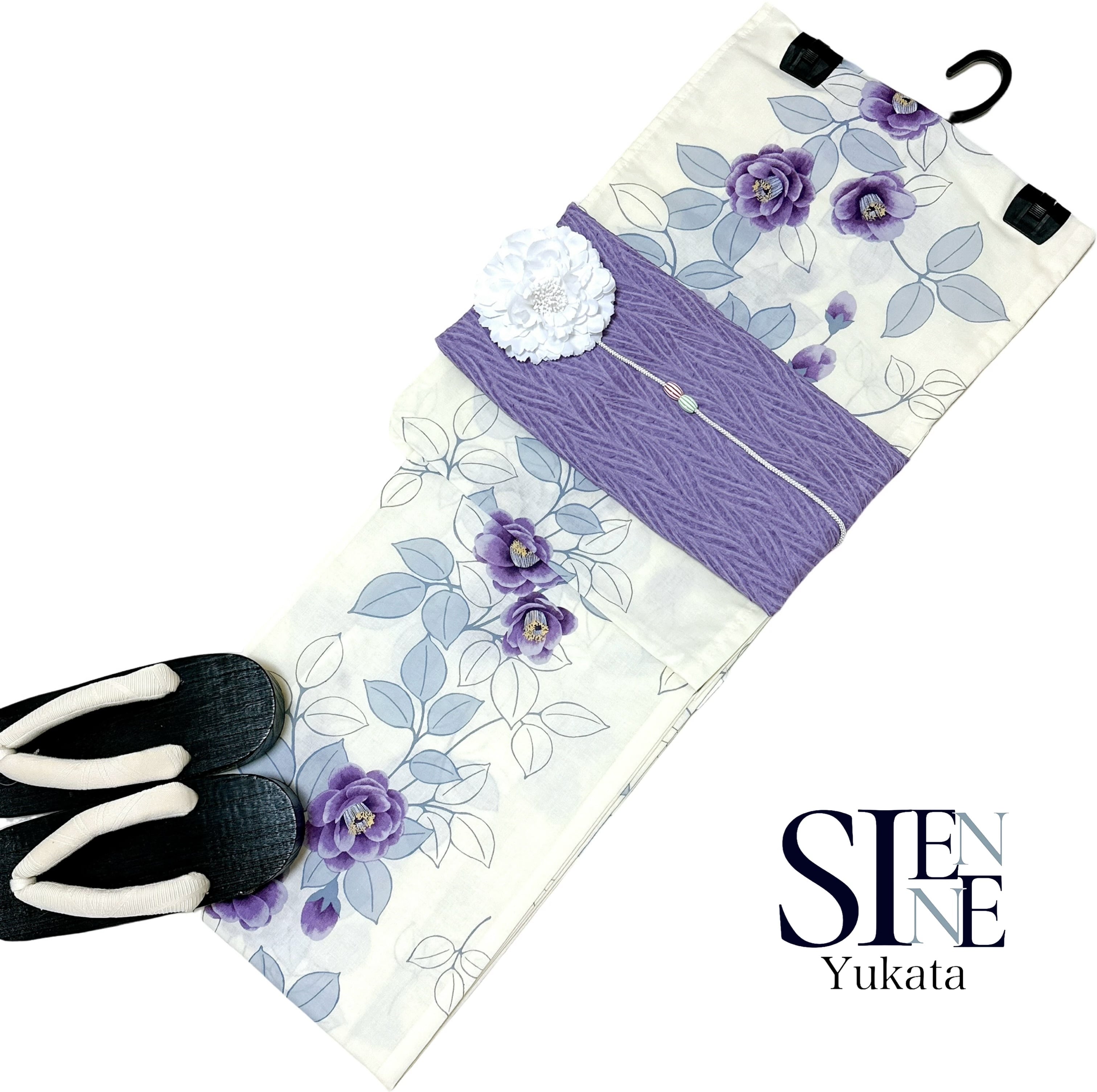 浴衣ジェンヌ 浴衣5点セット オフホワイト 紫 綿 ゆかた 兵児帯 浴衣  