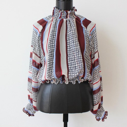 78オリジナルトリシルクシフォンストライプ＆チェックシャーリングオーバーブラウス；78BL ¥25,000＋tax