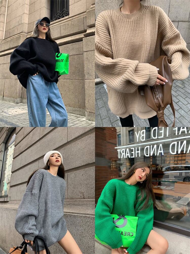 4色 トップス ニット l クルーネック オーバーサイズ ダボダボ ゆったり セーター 黒 ベージュ グレー 緑 ブラック グリーン 長袖 おしゃれ 送料無料】 4色 トップス ニット l クルーネック オーバーサイズ