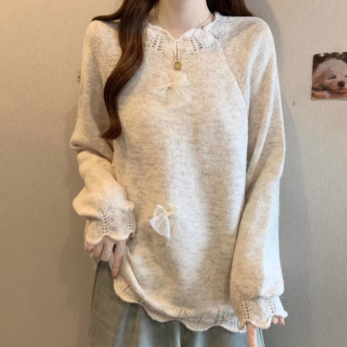 スカラップヘムシアーリボンニットトップス ・73984