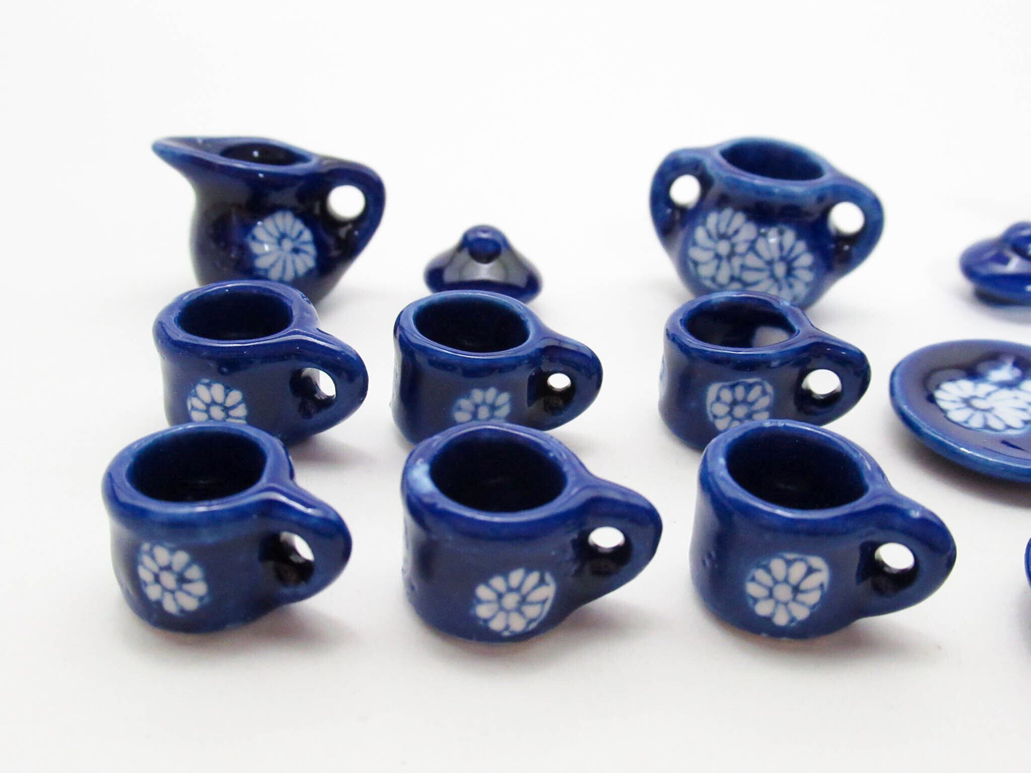 ミニチュア 陶器◇可愛いティータイムセット 藍染花紋（AD044