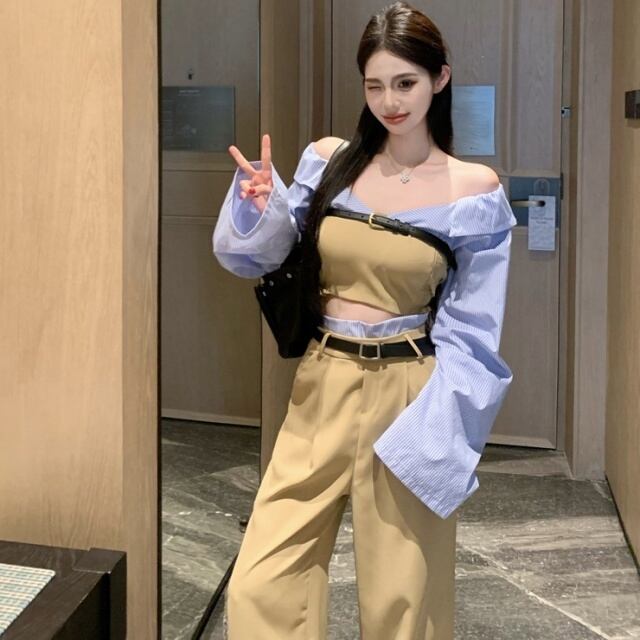 予約販売】セットアップ レディース オフショルダー パンツ ベージュ