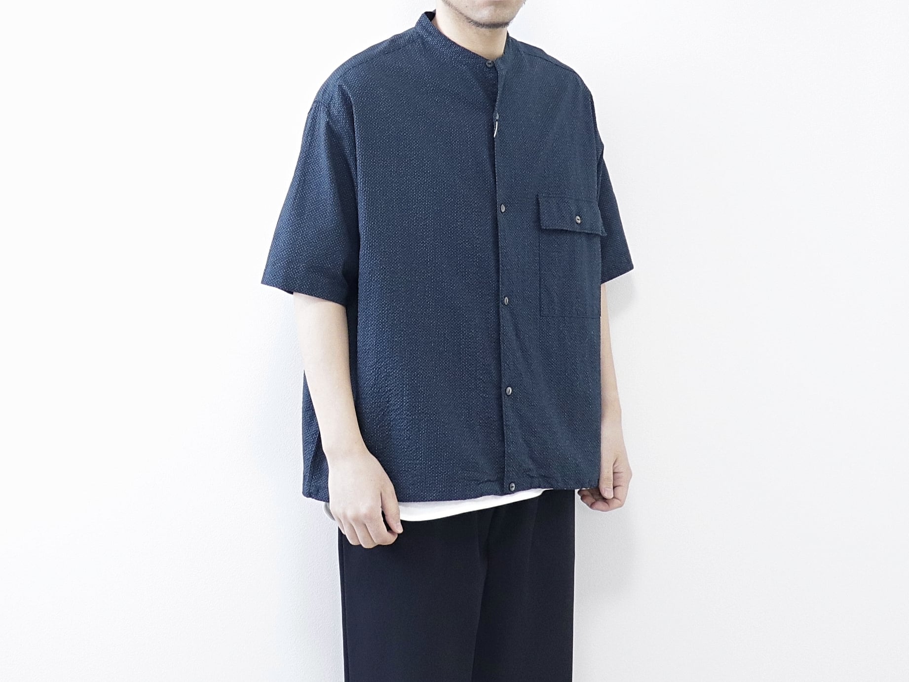 MANUAL ALPHABET / WAFFLE WIDE SPINDLR S/S SHT - NAVY　マニュアルアルファベット / ワッフル ワイド スピンドル 半袖シャツ - ネイビー