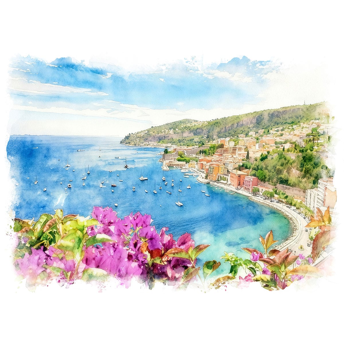 絵画 風景画フランス コートダジュールの美しく小さな町 インテリアアート額付き 水彩画・油絵風 WAT1604