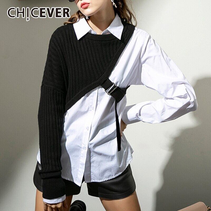 CHICEVERストリートウェアツーピースセットレディースラペル長袖ミニマリストシャツニット不規則なセーターセット2020 ロング 6base578672212499